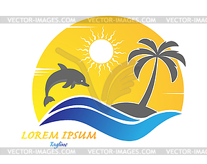 Wave with dolphin palm tree on island and sun - stock vector clipart