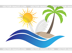 Wave, sun, and island with palm tree. illustr - vector image