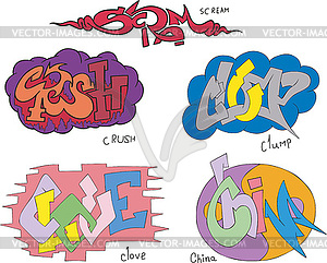 Scream, crush, clump, clove and china graffiti - vector clip art