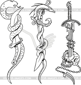 Tattoo sketches with snakes, daggers and skull - vector clip art