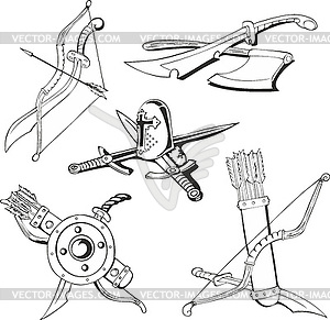 Black and white sketches of blades and old weapon - vector image