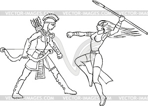 Set of two armed wonder amazon women - vector clip art