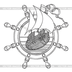 Badge with steering wheel black and white - vector image