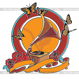 Gramophone and Roses Badge - stock vector clipart