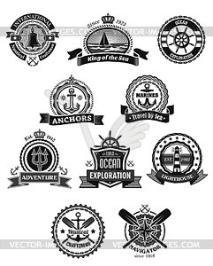 Nautical and marine heraldic badge set - vector image