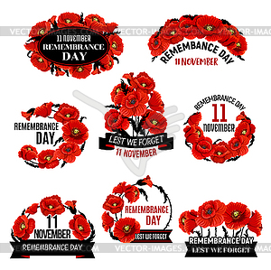 Remembrance Day red poppy flower wreath icon - vector clipart