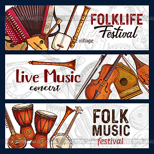 Folk music festival. Musical instruments sketch - vector clip art