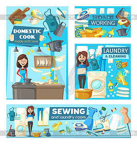 Hausfrauen Machen Hausarbeit Wasche Und Kochen Royalty Free Clipart