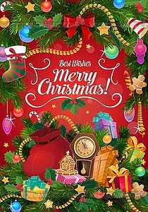 Weihnachtsgeschenke Und Uhr Weihnachtsgirlande Vektor Clipart