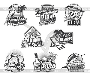 Cuba travel landmarks, tobacco, food and drinks - vector clipart