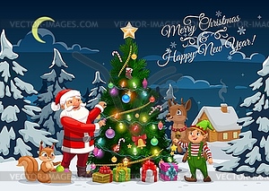 Weihnachtsmann Elf Und Rentier Schmucken Weihnachtsbaum Stock Vektor Clipart