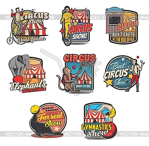 Circus tent, clown, acrobat, animal retro icons - vector image