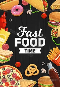 Гамбургеры, пицца и сода, бутерброд фаст фуд - изображение в векторном формате