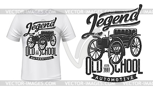 Vintage car t-shirt print mockup, retro automobile - white & black vector clipart