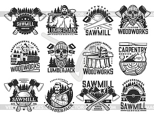 Lumberjack, sawmill lumbering service icons set - vector clip art