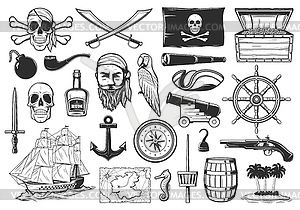 Пираты и значки карты сокровищ, Карибский остров - клипарт в векторе / векторное изображение