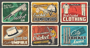 Cricket vintage posters, sport game balls and bats - vector clipart