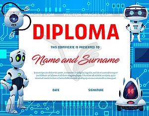 Kids diploma, cartoon robots and droids, frame - vector clipart