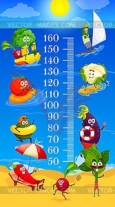 Kids height chart vegetables relax on summer beach - vector clipart