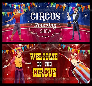Shapito circus stage, acrobat, fire eater banners - vector image