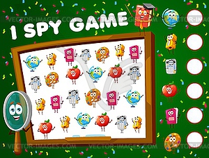 I spy game, math game worksheet, school characters - vector clipart