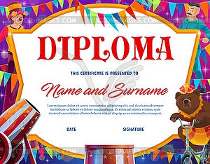 Kids education diploma, shapito circus characters - vector EPS clipart