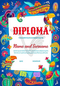 Kid diploma certificate, Mexican sombrero, flowers - vector clipart