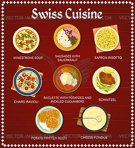 Swiss cuisine restaurant dishes menu page - vector image