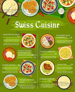 Swiss food meals and dishes menu template - vector clipart