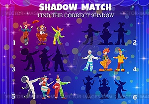 Kids shadow match game, circus clowns find puzzle - royalty-free vector image