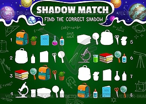 Shadow match game worksheet, cartoon planets - vector image
