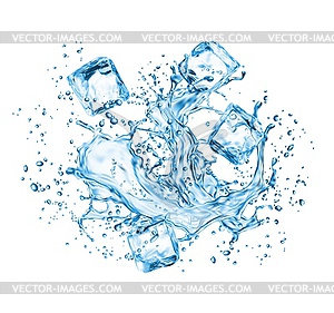Frozen ice cubes in water splashes, liquid wave - vector image