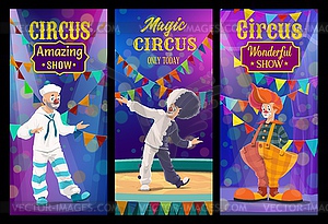 Шапито цирковые клоуны герои мультяшныйов баннеры - клипарт в векторе / векторное изображение