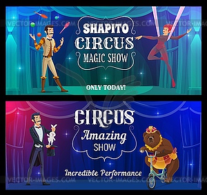 Shapito circus cartoon juggler, magician, acrobat - vector clipart