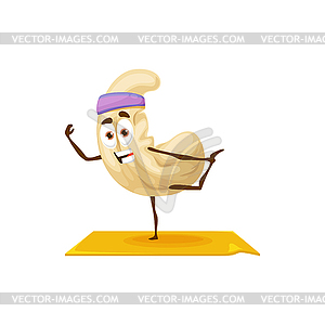 Cartoon cashew happy nut character on yoga class - vector image