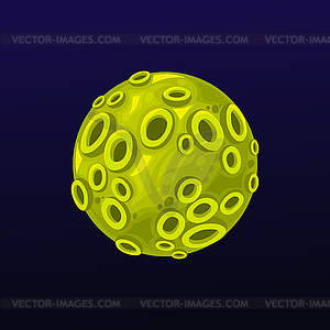 Cartoon green space planet with craters icon - vector image