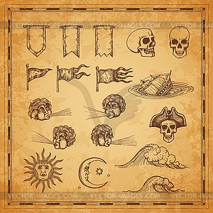 Vintage map elements. Sun, moon, wind and tsunami - vector image