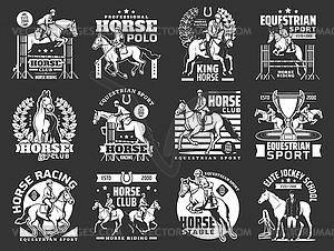 Equestrian sport icons, horse riding, polo, jockey - vector clipart