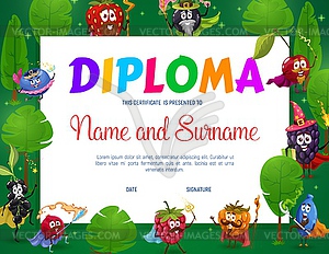 Kids diploma with cartoon cheerful berry magicians - vector image