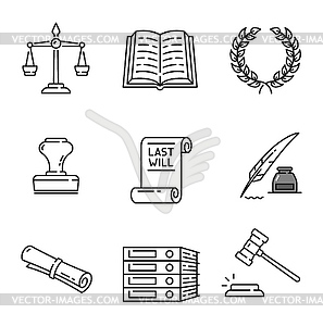 Notary, justice and legal service icons - vector image