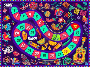 Kids boardgame mexican birds, food, music, holiday - royalty-free vector clipart