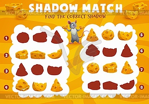 Cartoon cheese and mouse, shadow match game - vector EPS clipart