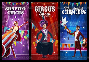 Shapito circus magician, acrobat, human cannonball - stock vector clipart