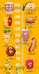 Fast food cartoon characters, kids height chart - vector image