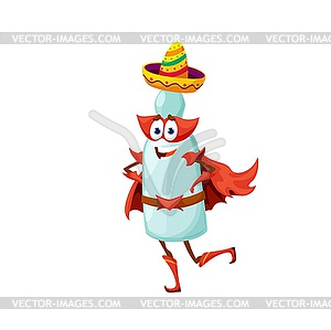 Cartoon mexican tequila superhero character, flask - vector image