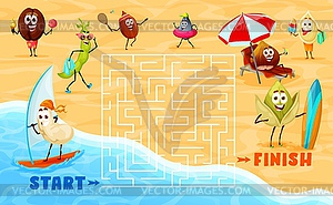 Labyrinth maze game with nuts characters on beach - vector image