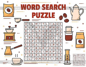 Coffee brewing, cup and beans word search puzzle - vector clipart