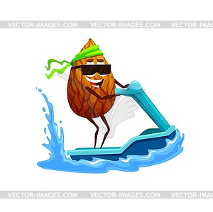 Cartoon almond nut character on jet ski, holidays - royalty-free vector clipart