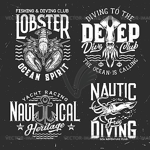 Tshirt prints with underwater animals and anchor - vector image