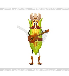 Cartoon corn cob cowboy character with guitar - vector image